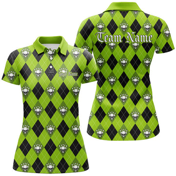 Women's Green Argyle Skull Bowling Shirt - Halloween Outfit I7299