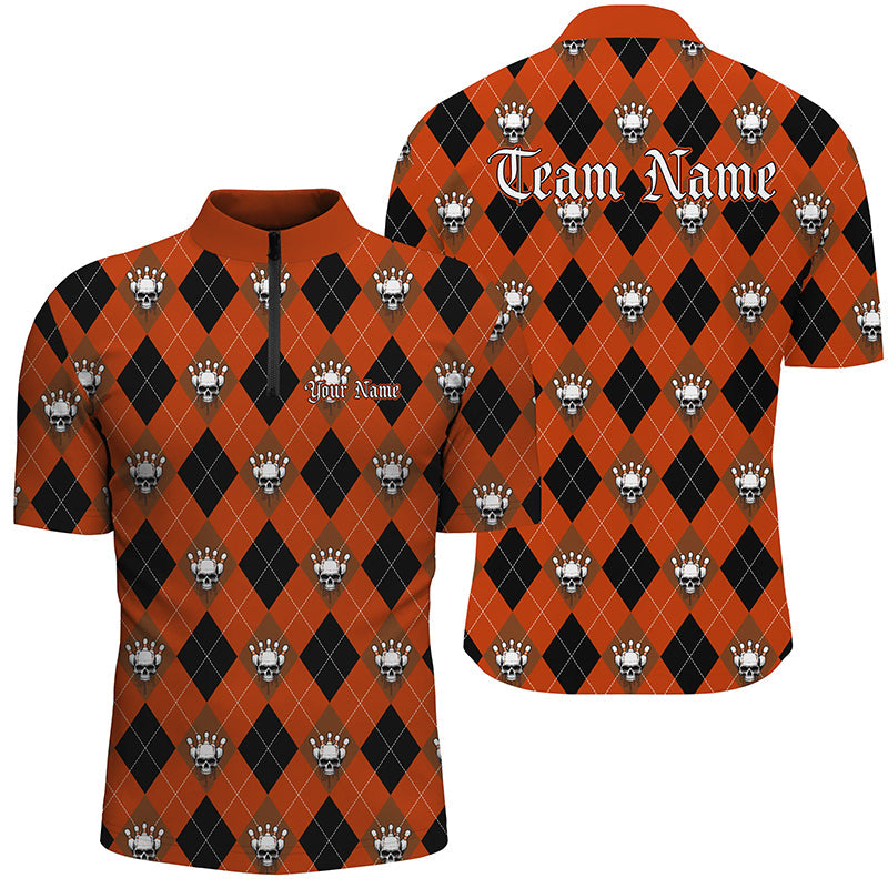 Men's Black & Orange Argyle Skull Bowling Shirt - Halloween I7300