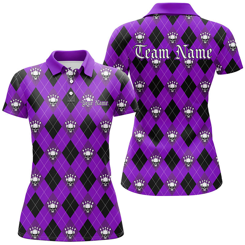 Women's Purple Argyle Skull Bowling Shirt - Halloween Outfit I7301