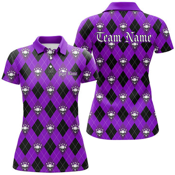 Women's Purple Argyle Skull Bowling Shirt - Halloween Outfit I7301