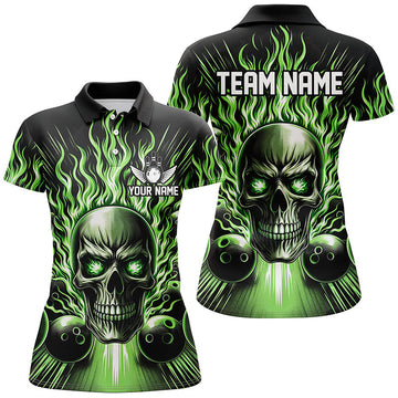 Women's Green Skull Bowling Shirt with Custom Team Name I5819