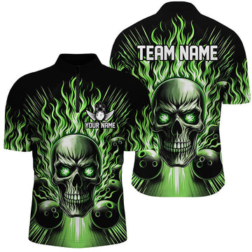 Men's Green Skull Bowling Shirt with Custom Team Name I5819