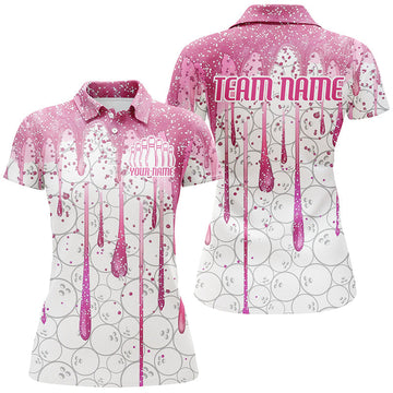 Custom Pink Glitter Breast Cancer Bowling Polo for Women I7051