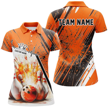 Women's Custom Orange Bowling Team Shirts - Heartbeat Pulse Line Design I6263