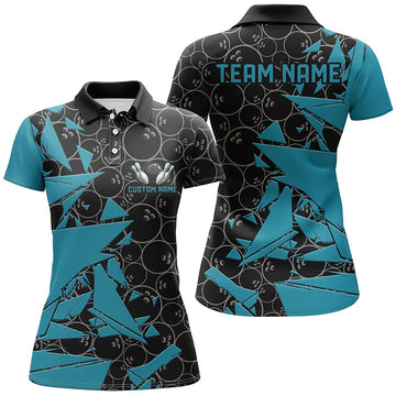 Women's Custom Blue Bowling Shirts with Ball Pattern I6267