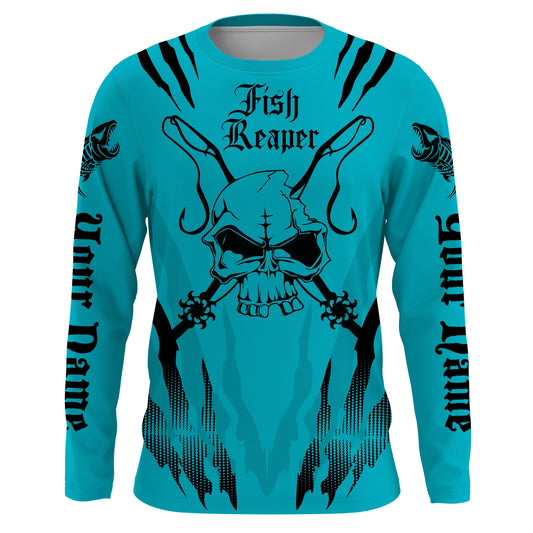 Fish reaper Custom Long Sleeve performance Fishing Shirts, Skull Fishing jerseys | blue IPHW3059