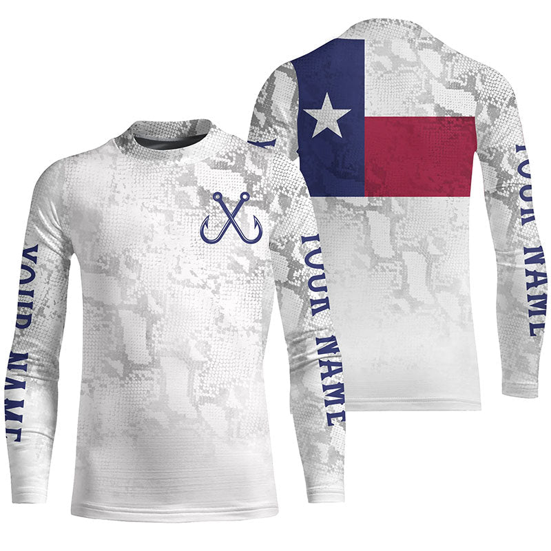 Personalized Camo Texas Flag Kid Long Sleeve Tournament Fishing Shirts, Texas Fishing Jerseys IPHW5074