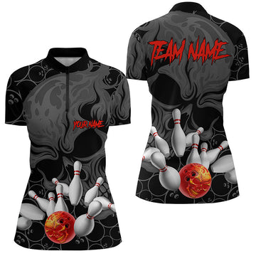 Custom Flame Skull Ladies Bowling Quarter Zip Shirt I5366