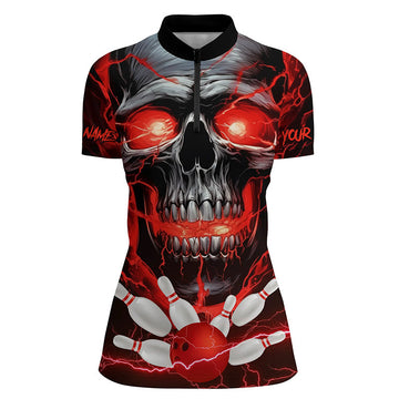 Women's Red Thunder Lightning Skull Bowling Quarter Zip Jersey I5367