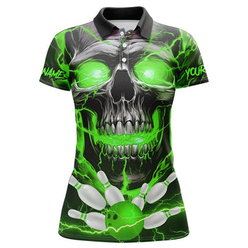 Women's Green Thunder Lightning Skull Bowling Polo Shirt I5368