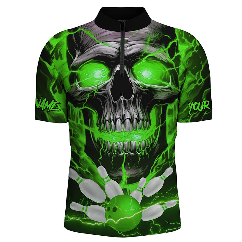 Women's Green Thunder Lightning Skull Bowling Quarter Zip Jersey I5368