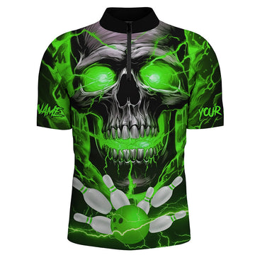 Women's Green Thunder Lightning Skull Bowling Quarter Zip Jersey I5368