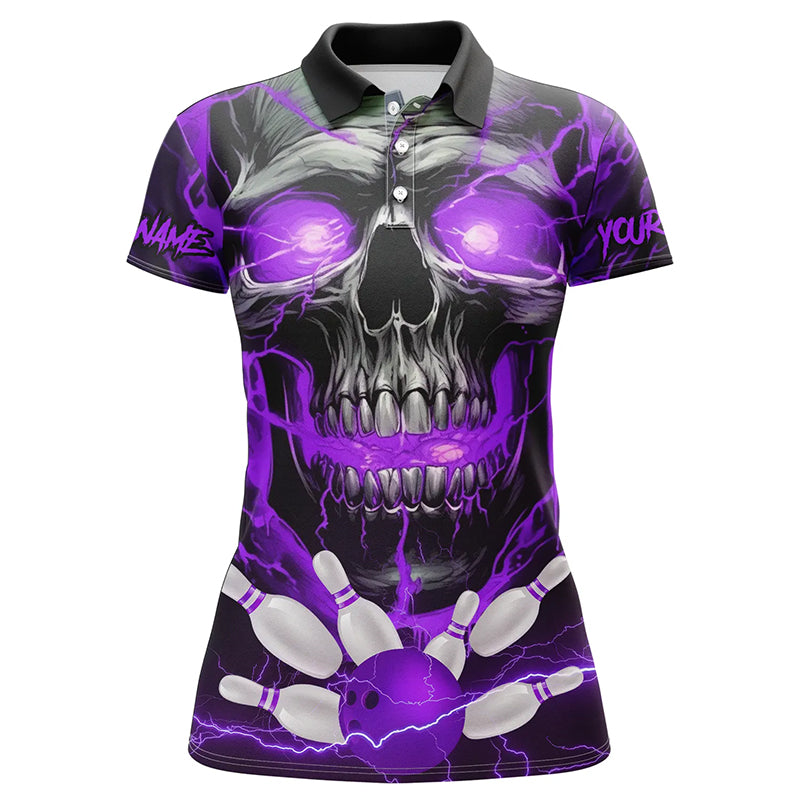 Women's Purple Thunder Skull Bowling Polo Shirt I5369
