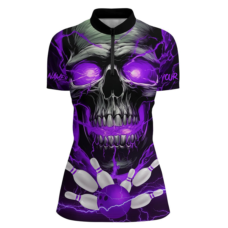 Women's Purple Thunder Lightning Skull Bowling Quarter Zip Jersey I5369