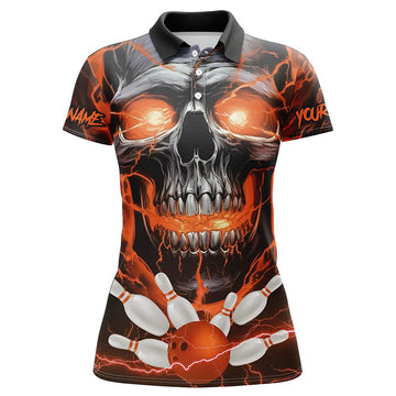 Women's Orange Thunder Lightning Skull Bowling Polo Shirt I5370