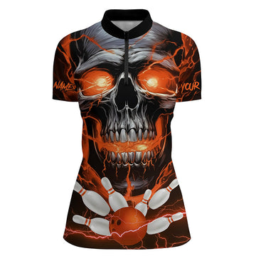 Women's Orange Thunder Lightning Skull Bowling Quarter Zip Jersey I5370