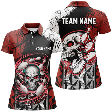 Red & Black Custom Skull Bowling Polo Shirt for Women I6750