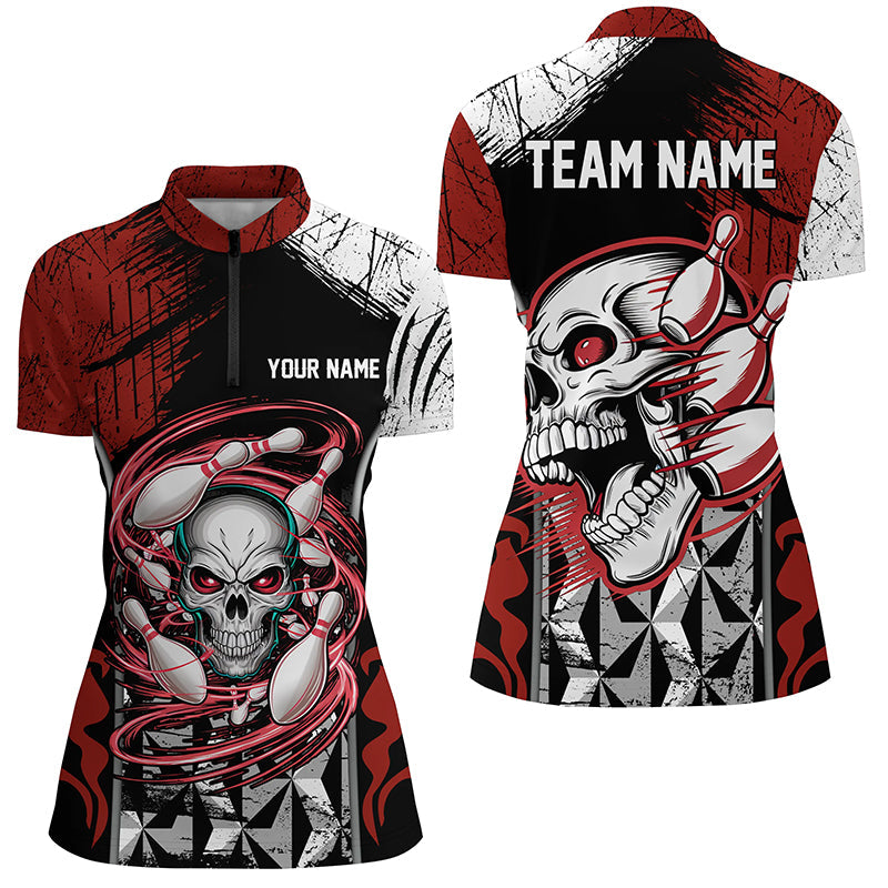 Red & Black Skull Bowling Quarter Zip Shirt for Women I6750