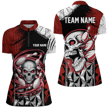 Red & Black Skull Bowling Quarter Zip Shirt for Women I6750
