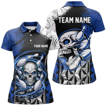 Women's Custom Skull Bowling Polo Shirt - Blue/Black I6751