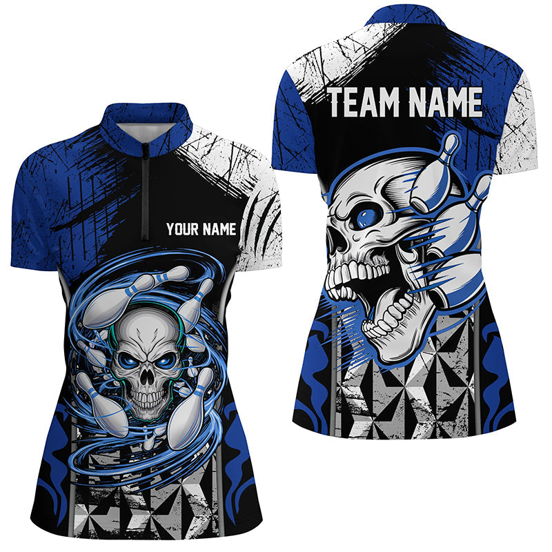 Blue & Black Skull Bowling Quarter Zip Shirt for Women I6751