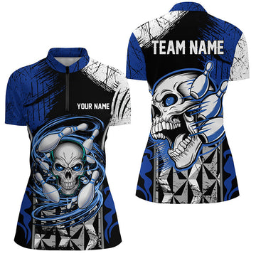 Blue & Black Skull Bowling Quarter Zip Shirt for Women I6751