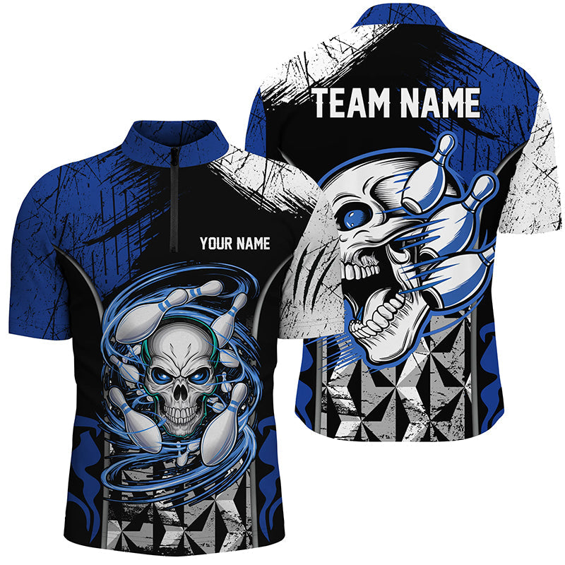 Men's Custom Skull Bowling Quarter Zip Shirt - Blue/Black I6751