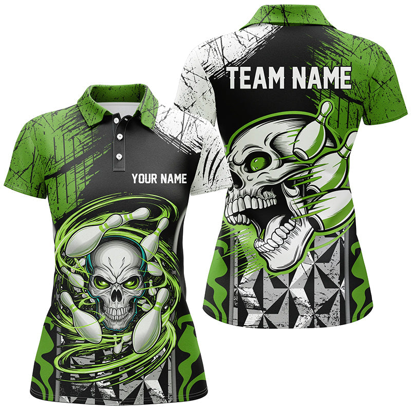 Women's Short Sleeve Green & Black Skull Bowling Polo I6752