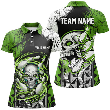Women's Short Sleeve Green & Black Skull Bowling Polo I6752
