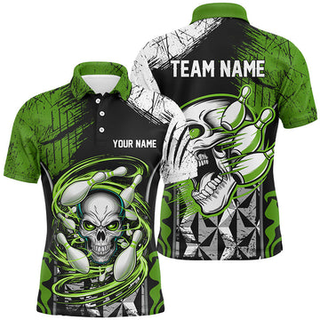 Green & Black Skull Bowling Polo Shirt, Short Sleeve, Men’s I6752