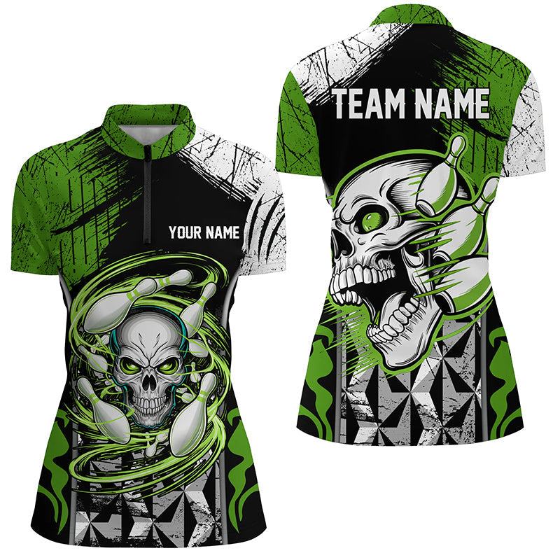 Green & Black Skull Bowling Quarter Zip for Women I6752