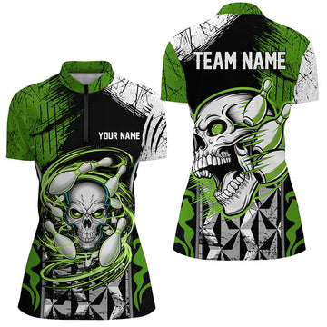 Green & Black Skull Bowling Quarter Zip for Women I6752