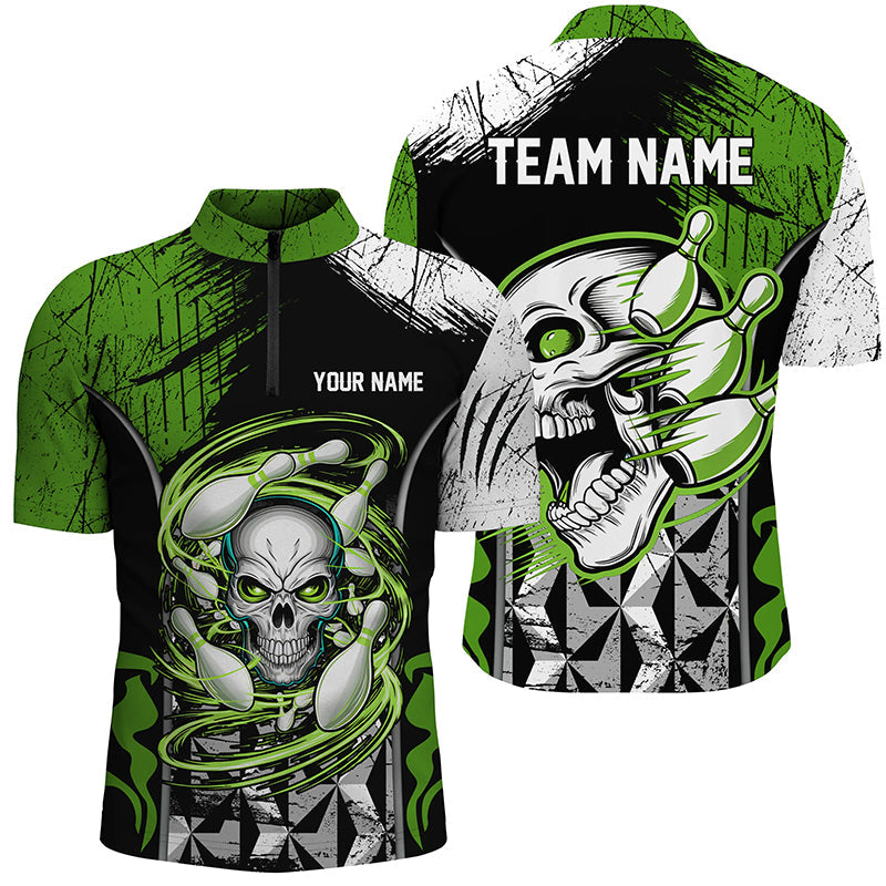 Men's Short Sleeve Green & Black Skull Bowling Quarter Zip Shirt I6752
