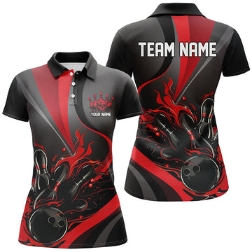 Red & Black Flame Bowling Polo Shirt for Women I6755