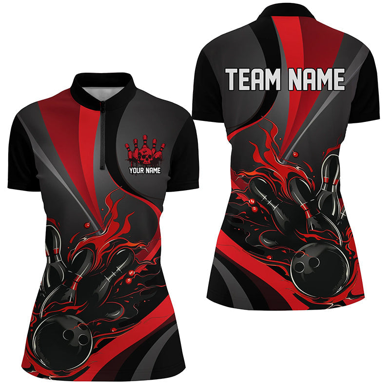 Red & Black Flame Bowling Team Shirts, Women's Short Sleeve Quarter Zip I6755
