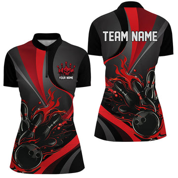 Red & Black Flame Bowling Team Shirts, Women's Short Sleeve Quarter Zip I6755