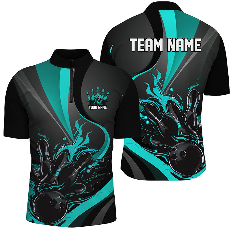 Men's Blue & Black Flame Bowling Team Short Sleeve Quarter Zip Shirts I6756