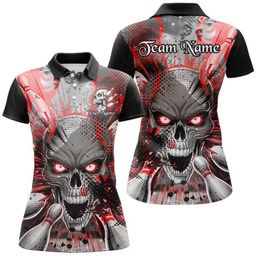Red Skull Bowling Shirt for Women - Custom Short Sleeve Halloween Top I6759