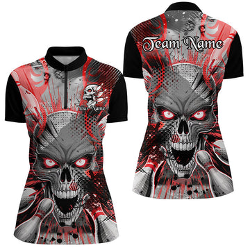 Red Skull Bowling Shirt for Women - Custom Short Sleeve Halloween Top I6759