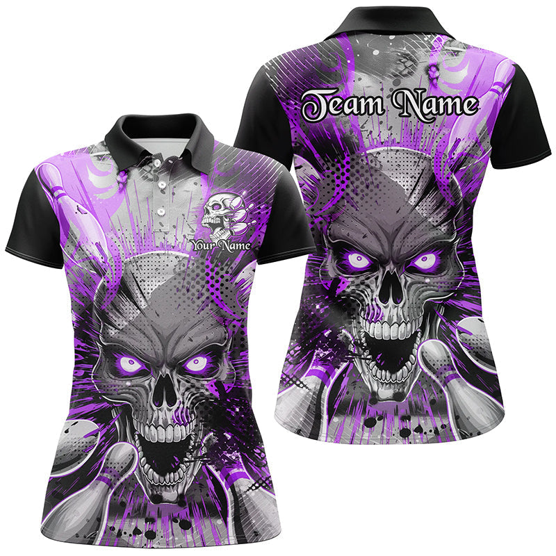 Women's Purple Skull Bowling Shirt - Custom Short Sleeve Halloween Design I6760