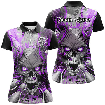 Women's Purple Skull Bowling Shirt - Custom Short Sleeve Halloween Design I6760