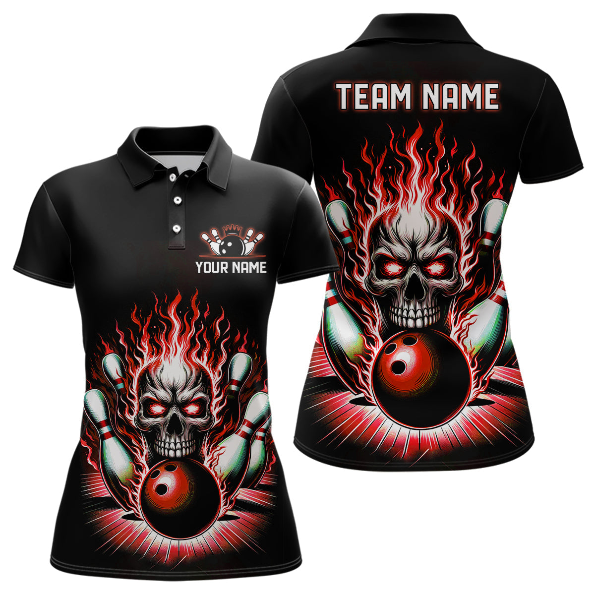 Women's Red Skull Bowling Shirt with Custom Team Name I6011