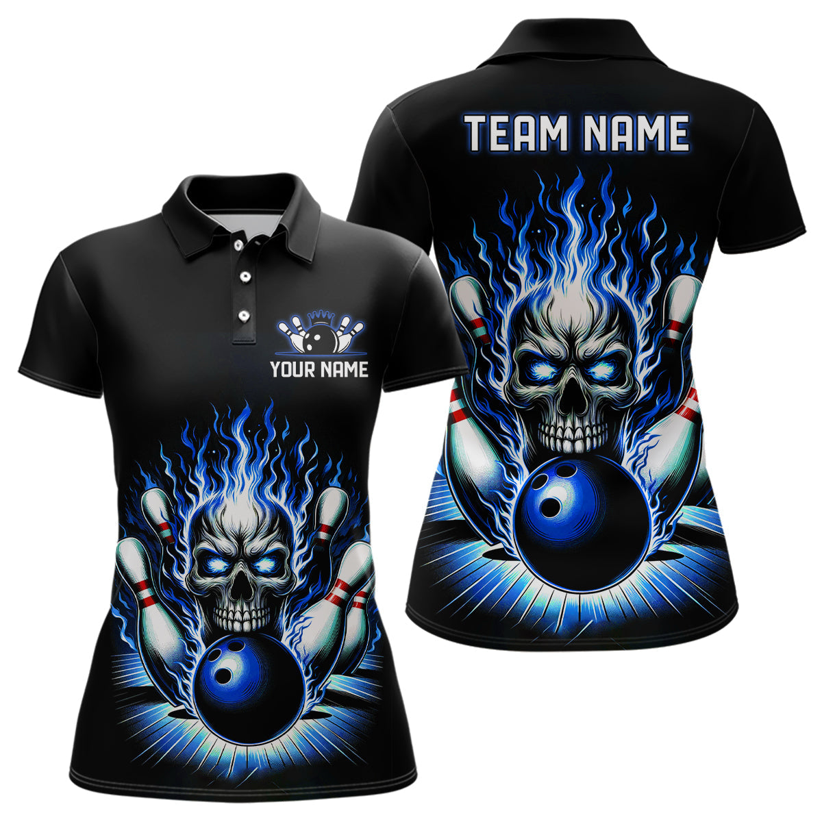 Women's Blue Skull Bowling Shirt with Custom Team Name I6012