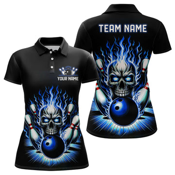 Women's Blue Skull Bowling Shirt with Custom Team Name I6012