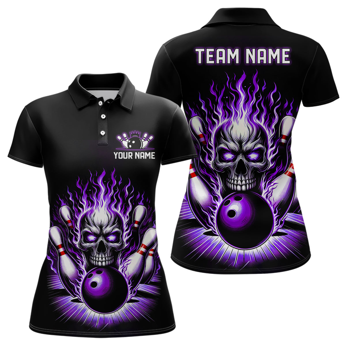 Personalised Ladies Purple Skull Bowling Shirt with Custom Team Name I6511