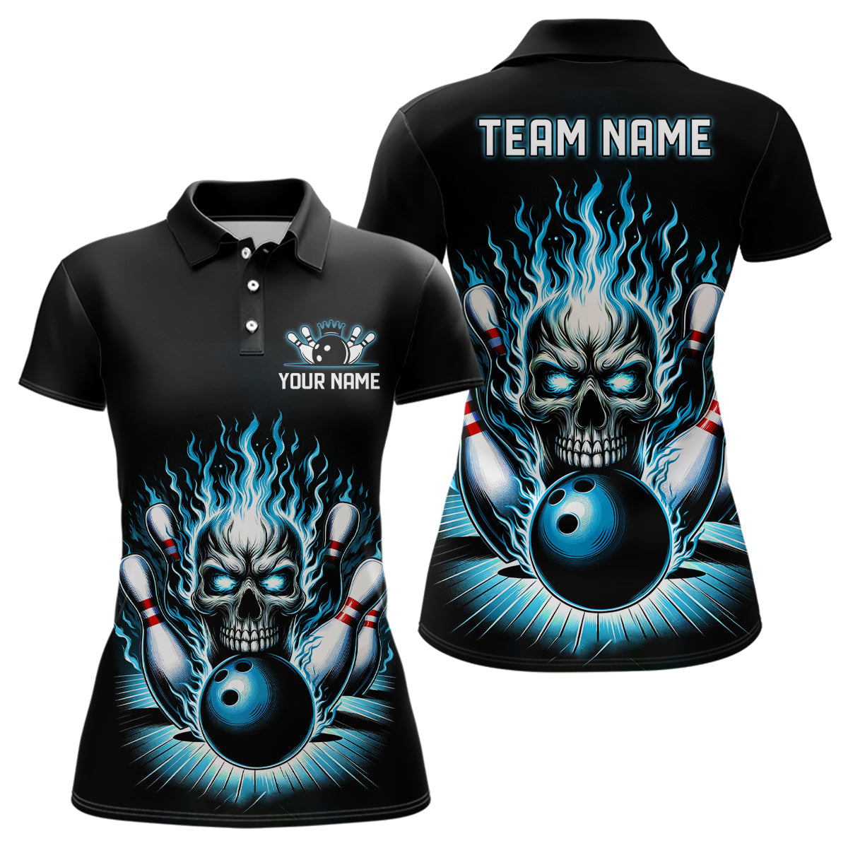 Personalised Ladies' Teal Blue Skull Bowling Shirt I6512