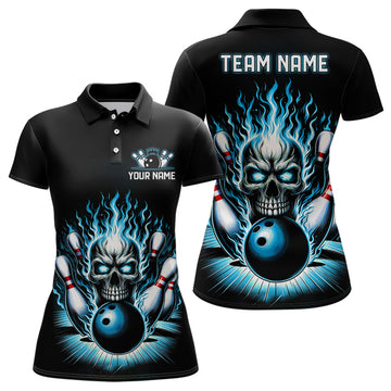Personalised Ladies' Teal Blue Skull Bowling Shirt I6512