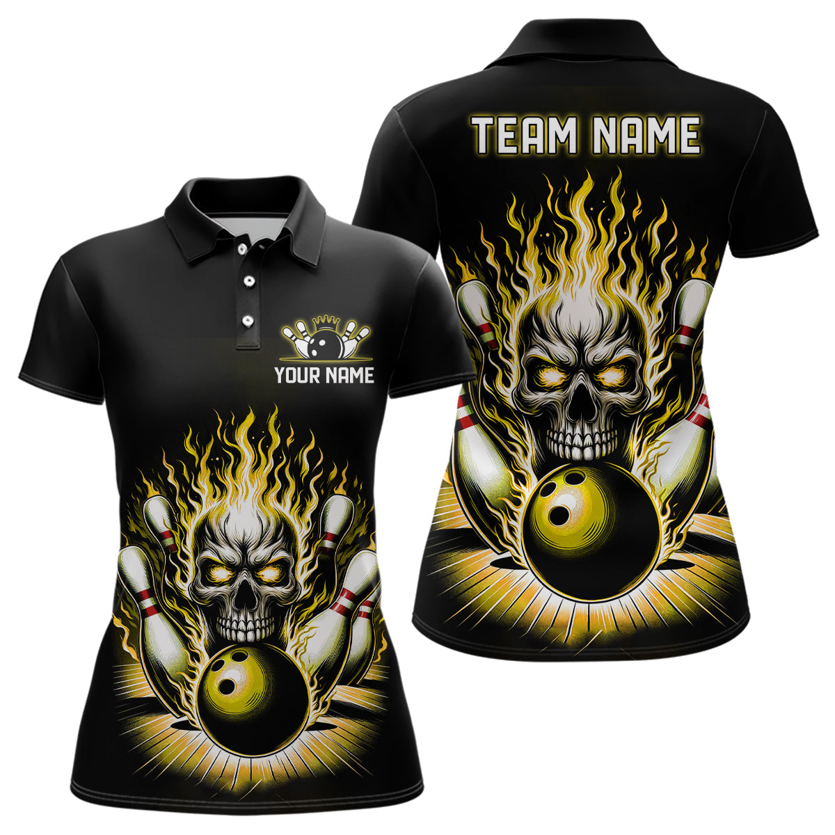 Personalised Ladies Yellow Skull Bowling Shirt with Custom Team Name I6513