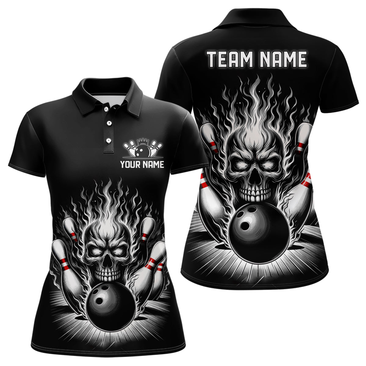 Personalised Ladies Skull Bowling Shirt - Custom Name, Flame Design, Black & White I6514