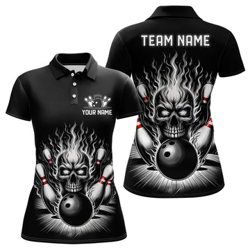 Personalised Ladies Skull Bowling Shirt - Custom Name, Flame Design, Black & White I6514